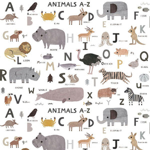 Dear Stella "Noah's Ark"- Animals A-Z in White - Half Yard