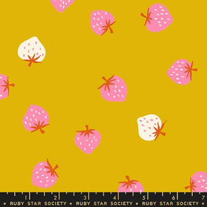 Ruby Star Society "Picture Book" - Strawberry Toss in Goldenrod - Half Yard