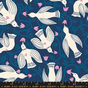 Ruby Star Society "Endpaper" Hummingbirds in Bluebell - Half Yard